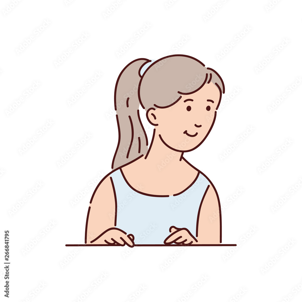 Young beautiful girl or woman in blue tshirt with long hair looks out of the window from behind. Young beautiful girl or woman in blue tshirt with long hair looks out of the window from behind.
