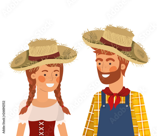 farmers couple talking with straw hat