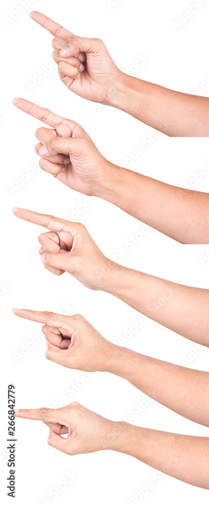 Multiple of Male Caucasian hand gestures isolated over the white background.Visual Pointing. Multiple of Male Caucasian hand gestures isolated over the white background.Visual Pointing.