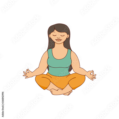 Beautiful curvy plus size woman meditating in lotus pose sketch style