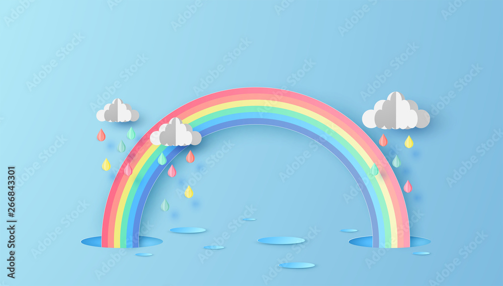 Abstract Rainbow in the rainy season. Paper art design for clouds and rainbow in rain season. paper cut and craft design. vector, illustration. - obrazy, fototapety, plakaty 