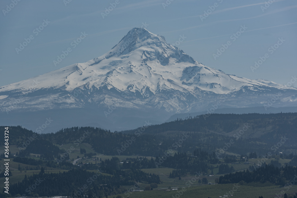 Majestic Mt Hood dominating over the Hood River Valley, Oregon, on a summer afternoon