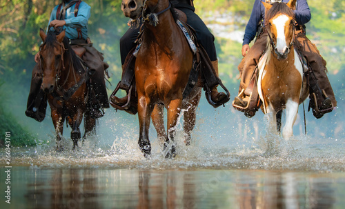 The close-up view cowboy  of galloping horse on the river