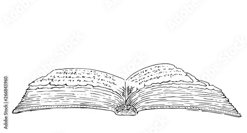 Open book isolated on white background. Vector black vintage engraving illustration. Hand draw ink sketch in a graphic style