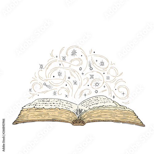 Magic old book. Vector sketch of an open book with curls and stars. Mystical concept. Hand drawn vector illustration