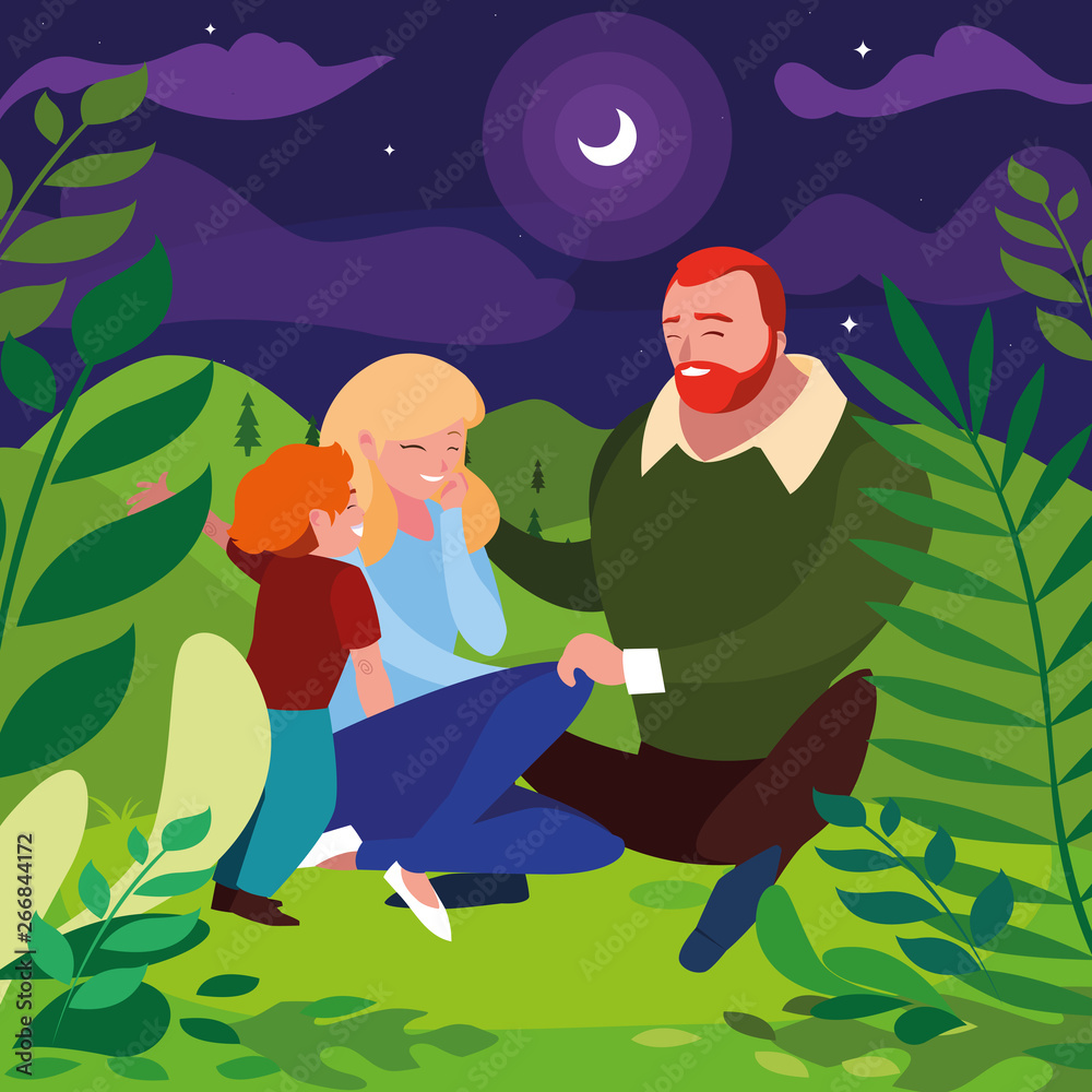 parents with son family in night landscape parents with son family in night landscape