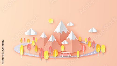 Illustration of autumn landscape with van on road. Travel in the autumn. Graphics for Autumn tourism. paper cut and craft design. vector, illustration.