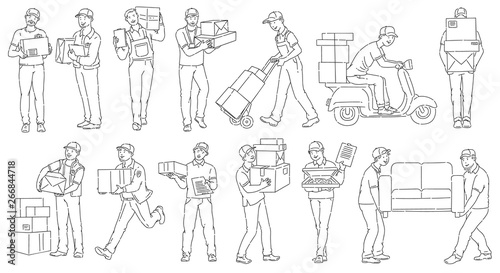 Set of male workers from different delivery services sketch outline style