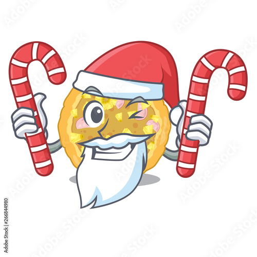 Santa with candy hawaiian pizza above wooden cartoon table