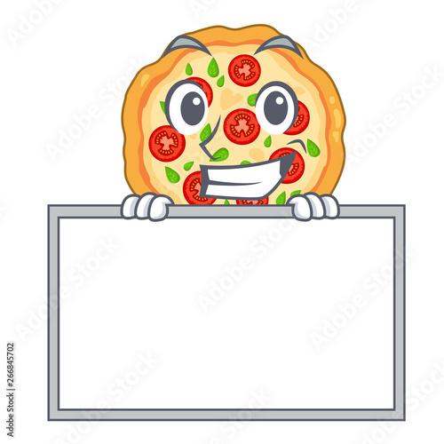 Grinning with board margherita pizza in a cartoon oven