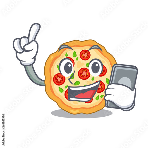 With phone margherita pizza in a cartoon oven