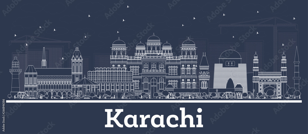 Outline Karachi Pakistan City Skyline with White Buildings.