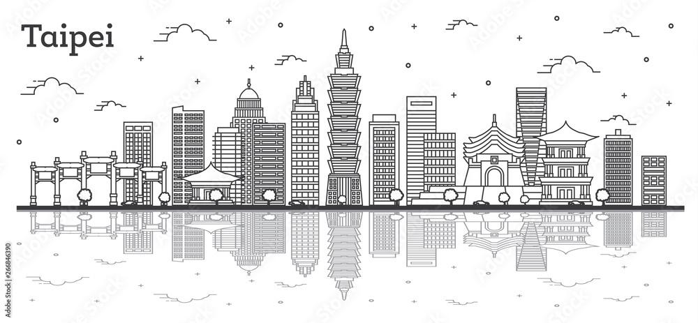 Obraz premium Outline Taipei Taiwan City Skyline with Modern Buildings and Reflections Isolated on White.
