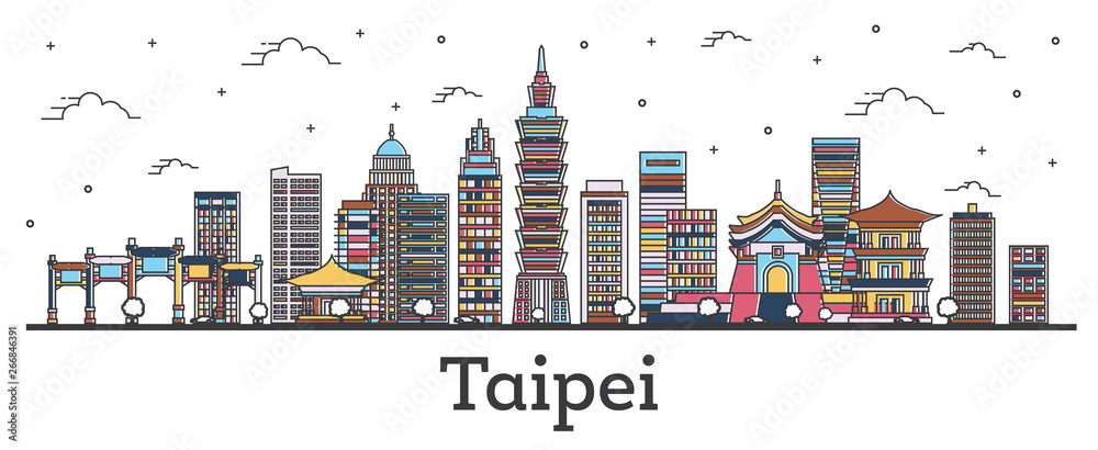 Obraz premium Zarys panoramę miasta Tajpej Tajwan z kolorowymi budynkami na białym tle.