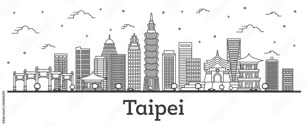 Obraz premium Zarys panoramę miasta Tajpej Tajwan z nowoczesnych budynków na białym tle.