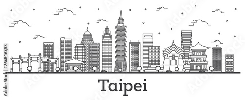 Outline Taipei Taiwan City Skyline with Modern Buildings Isolated on White.