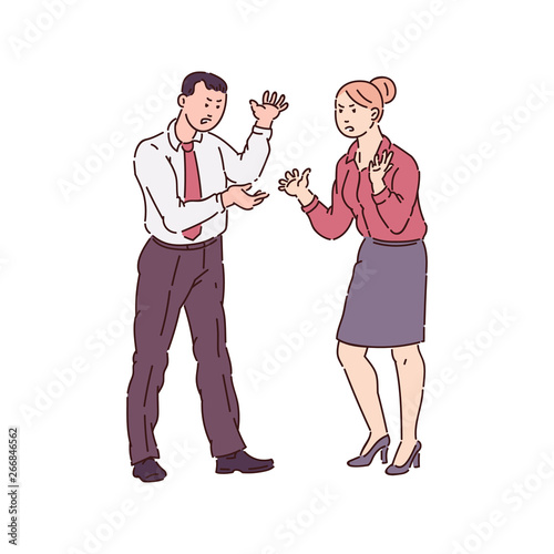Aggressive man in conflict and attacks a woman vector illustration isolated on white.