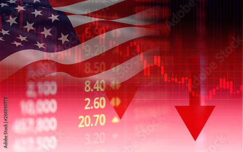 USA. America stock market crisis red price arrow down chart fall / New york Stock Exchange analysis or forex graph business finance money crisis losing