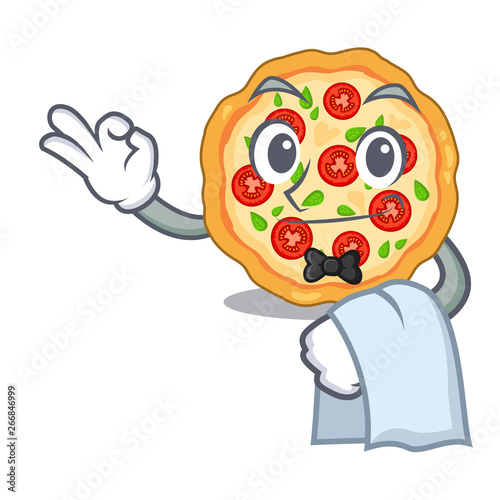Waiter margherita pizza isolated with the cartoons