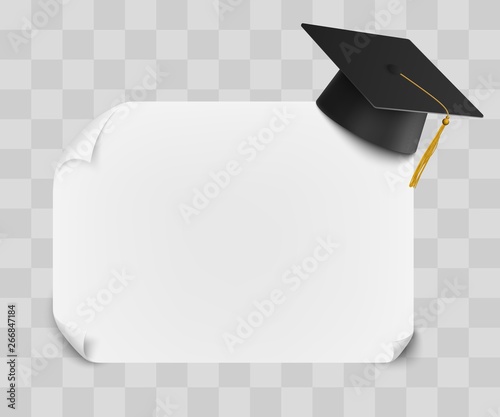 College or university graduation cap and diploma blank sheet mockup design.