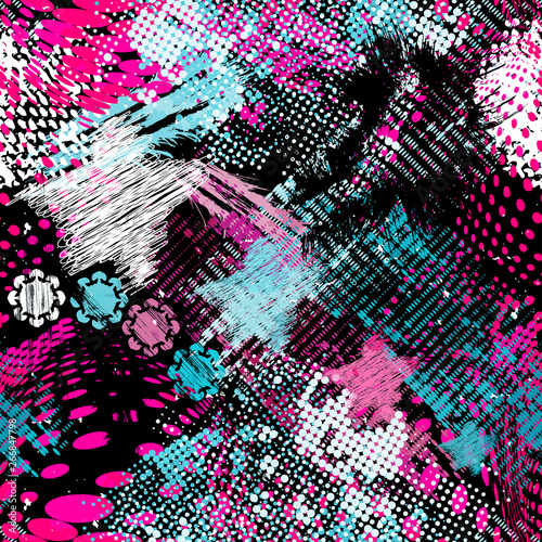 Graffiti bright psychedelic seamless pattern on a black background illustration