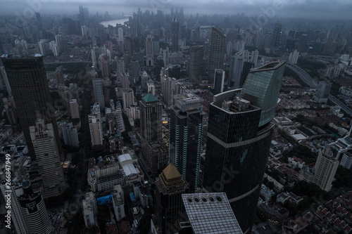 Aerial view of business area and cityscape in the dawn, West Nanjing Road, Jing` an district, Shanghai