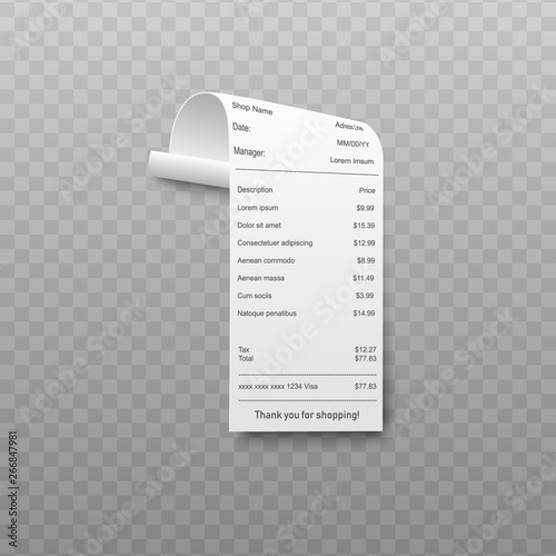 Paper bill or financial check in realistic style isolated on transparent background.