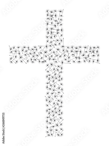 Vector stylized symbol Christian cross with flaying dandelion seeds. Isolated on white background