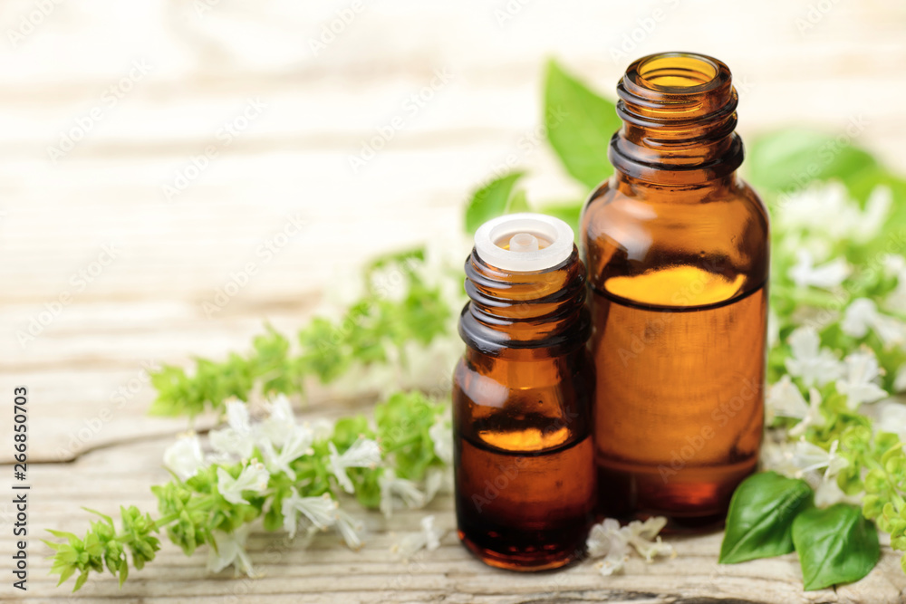 Basil essential oil in the glass bottle, with fresh basil flowers, on the wooden board Basil essential oil in the glass bottle, with fresh basil flowers, on the wooden board