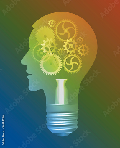  Man   bulb, idea creativity intelligence concept.  Illustration of light bulb with Stylized male head and gear. Vector available.