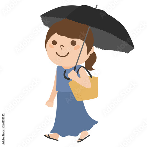 日傘で紫外線対策をしている若い女性のイラスト。