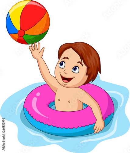 Cartoon boy playing inflatable circle with a beach ball