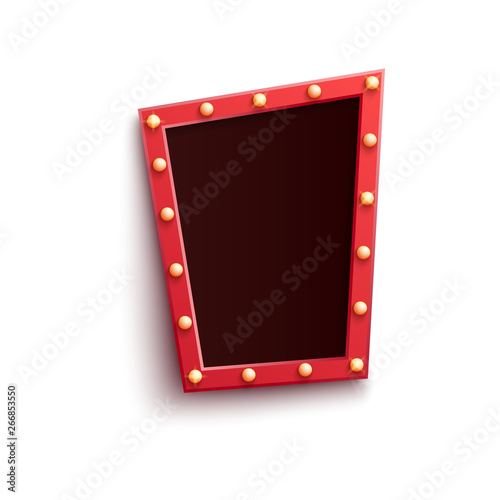 Retro red frame in form of quadrangle with shining light bulbs in realistic style isolated on white background.