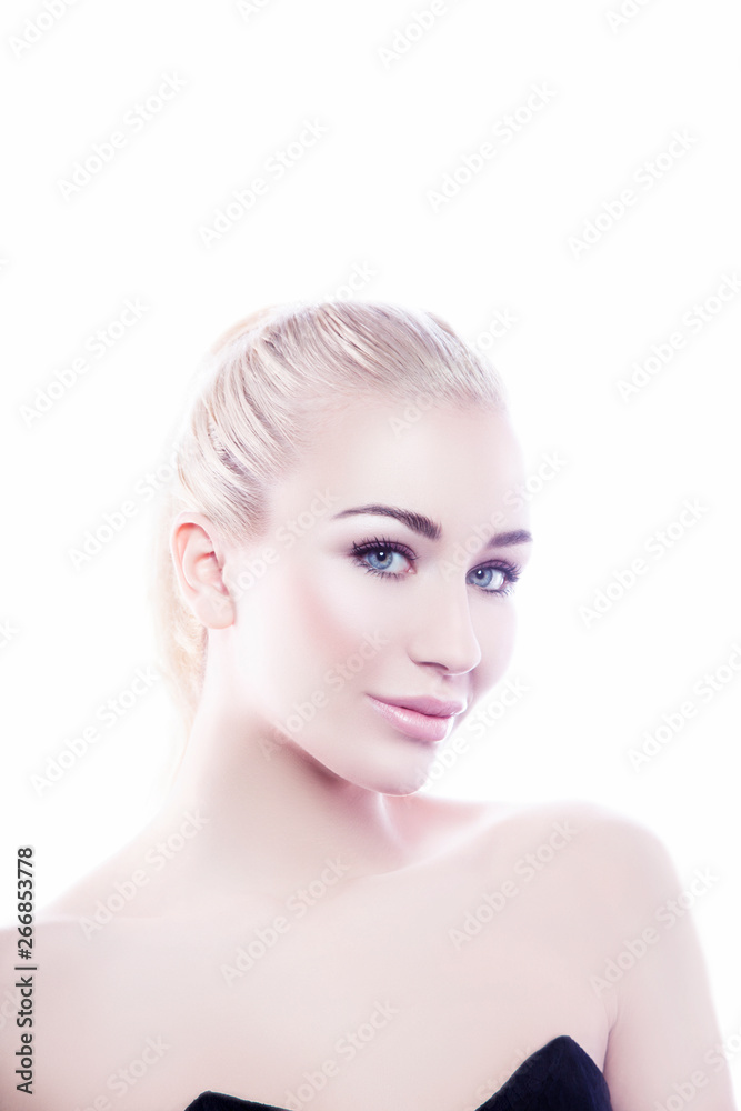 portrait of young woman with perfect skin, white background, isolated, studio, copy space portrait of young woman with perfect skin, white background, isolated, studio, copy space