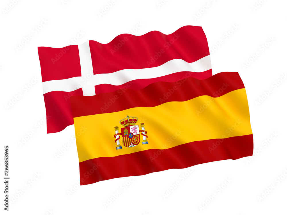 National fabric flags of Spain and Denmark isolated on white background. 3d rendering illustration. 1 to 2 proportion. National fabric flags of Spain and Denmark isolated on white background. 3d rendering illustration. 1 to 2 proportion.