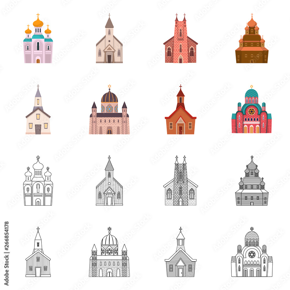 Vector illustration of cult and temple logo. Collection of cult and parish stock vector illustration.