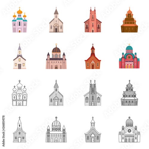 Vector illustration of cult and temple logo. Collection of cult and parish stock vector illustration.