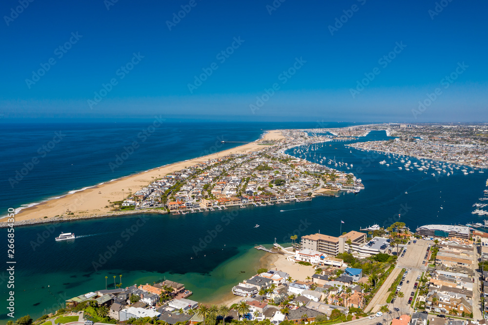 Aerial view from above of Newport Beach harbor in Orange County California on a sunny day