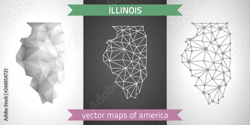 Illinois set of grey and silver mosaic 3d polygonal maps. Graphic vector triangle geometry outline shadow perspective maps
