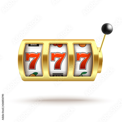 Golden slot machine with lucky three sevens jackpot in realistic style.