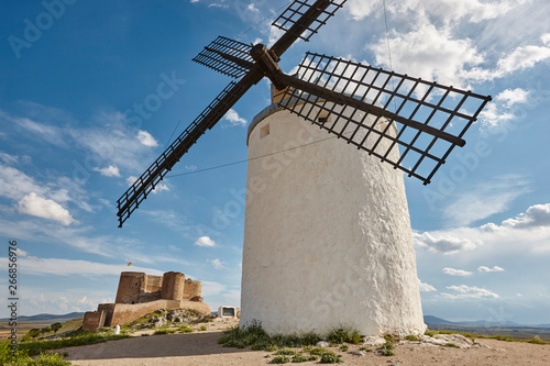 Traditional antique windmills and castle in Spain. Toledo
