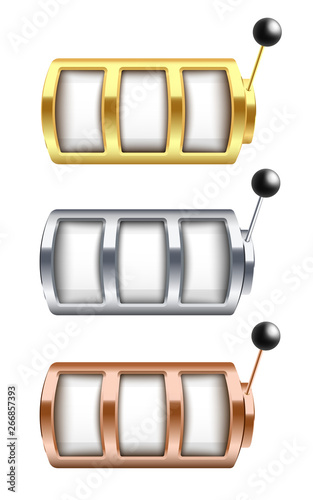 Vector illustration set of golden, silver and bronze jackpot gambling machine with empty slots.