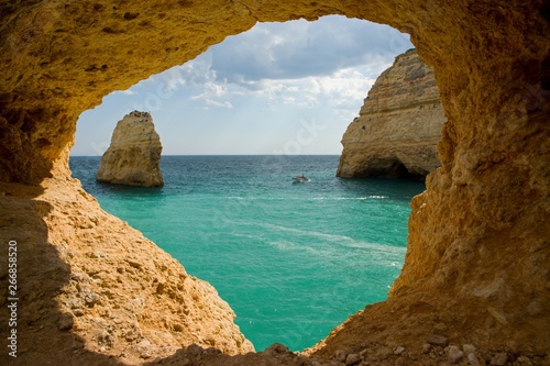View from cave to sea in Algarve - Portugal