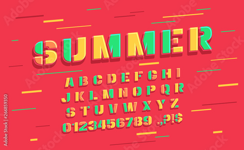 Vector summer font and alphabet. Set of colorful letters and numbers. Typeface retro style