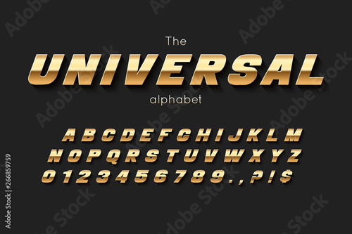 Vector gold font and alphabet. Abc, english letters and numbers