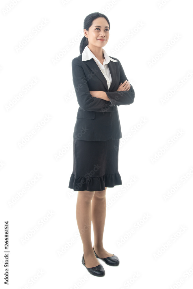 Asian beautiful smart and young businesswoman with black long hair and suit is the executive or manager stand up thinking and smiling with confidence in successful on isolated white background Asian beautiful smart and young businesswoman with black long hair and suit is the executive or manager stand up thinking and smiling with confidence in successful on isolated white background