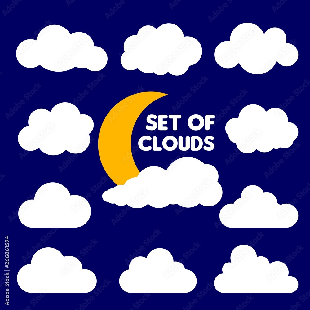 Fototapeta premium Set of cartoon clouds and sun isolated on blue background. Vector illustration. Sunny day with clouds vector collection. Cloudscape in blue sky, white cloud illustration. Cloud icon on blue sky.