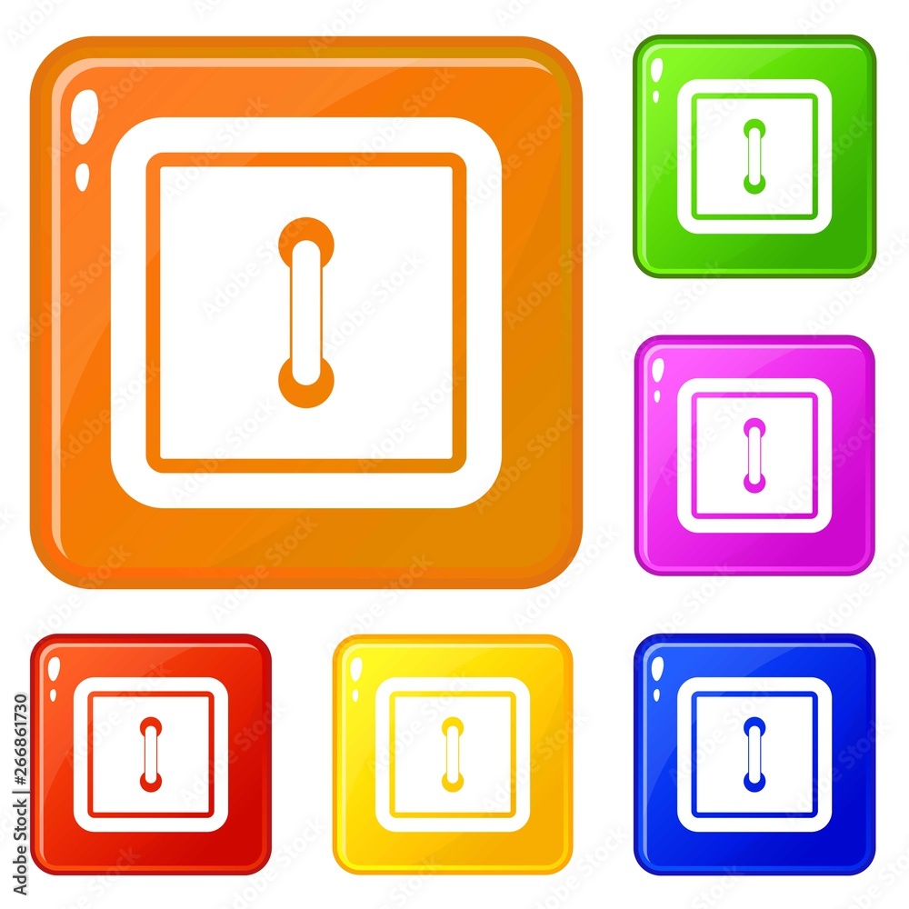 Sewn square button icons set collection vector 6 color isolated on white background Sewn square button icons set collection vector 6 color isolated on white background