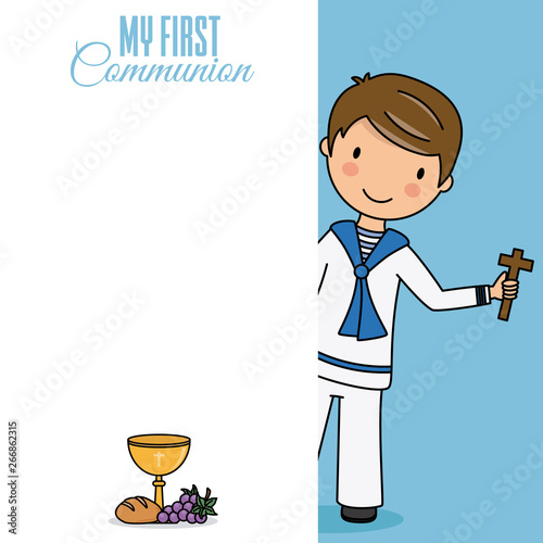Card my first communion. Boywith a cross. Space to write
