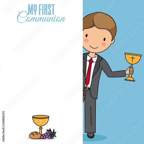 Card my first communion. Boy with a chalice. Space to write